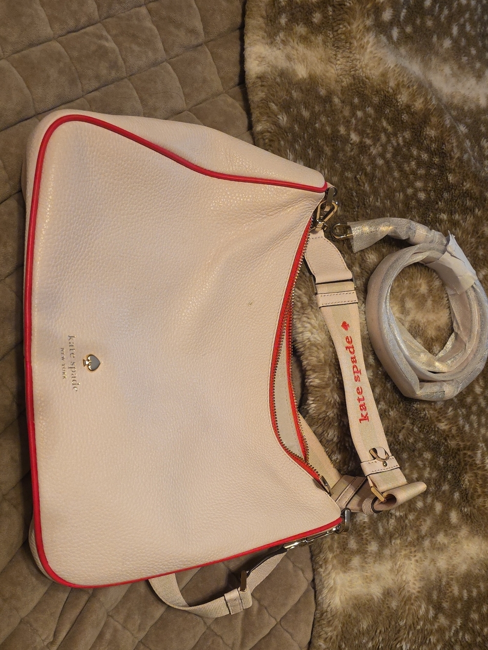 kate spade Cream Leather Shoulder Bag with Bright Pink Piping